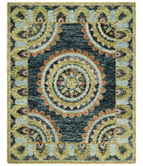 Hand Tufted Blue, Rust and Moss Gold Colorful Wool Area Rug