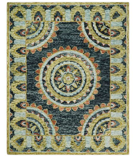 Hand Tufted Blue, Rust and Moss Gold Colorful Wool Area Rug