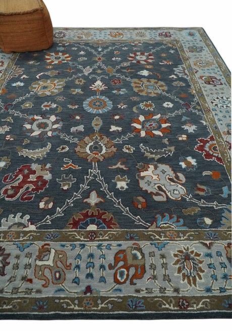 Hand Tufted Charcoal and Silver vintage style colorful 8x10 Oushak Rug, Kids, Living Room and Bedroom Rug | TRD6493810S
