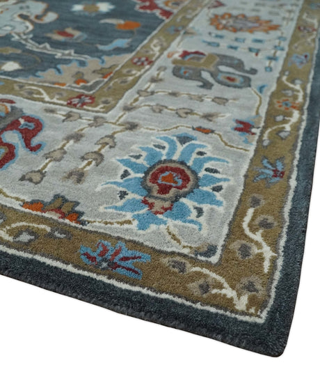 Hand Tufted Charcoal and Silver vintage style colorful 8x10 Oushak Rug, Kids, Living Room and Bedroom Rug | TRD6493810S