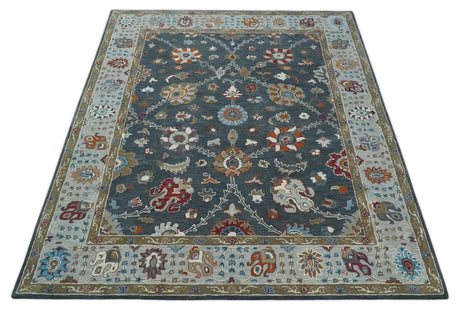 Hand Tufted Charcoal and Silver vintage style colorful 8x10 Oushak Rug, Kids, Living Room and Bedroom Rug | TRD6493810S