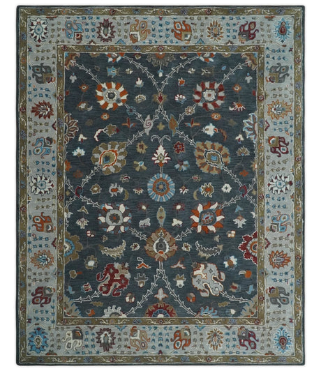 Hand Tufted Charcoal and Silver vintage style colorful 8x10 Oushak Rug, Kids, Living Room and Bedroom Rug | TRD6493810S