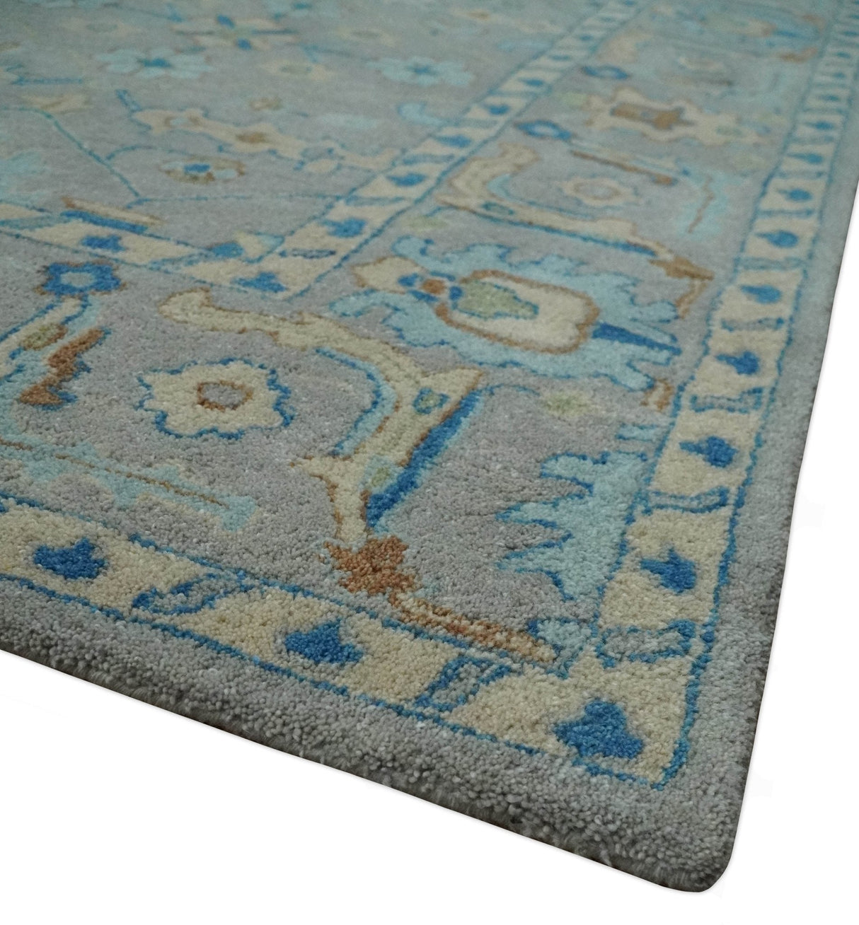 Hand Tufted Gray, Beige and Accent Blue Multi Size 8x10 Traditional Herati Design Wool Rug-Area Rug-Parc Decor