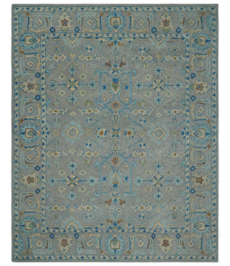 Hand Tufted Gray, Beige and Accent Blue Multi Size 8x10 Traditional Herati Design Wool Rug-Area Rug-Parc Decor