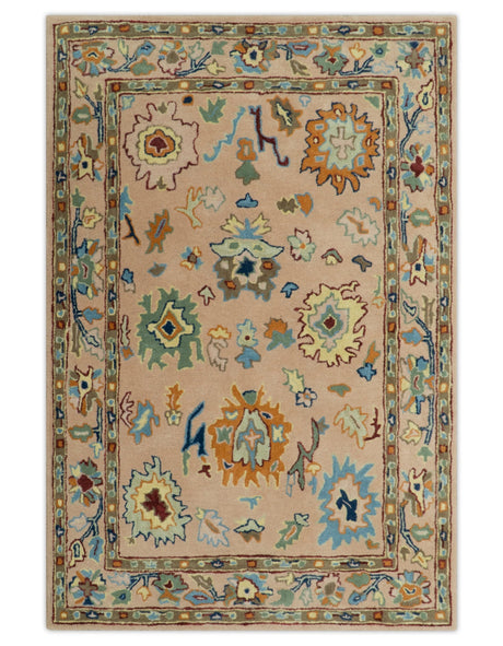 Hand Tufted Pink Peach and Gold Modern Colorful Oushak Rug