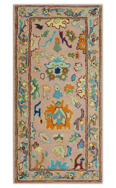 Hand Tufted Pink Peach and Gold Modern Colorful Oushak Rug