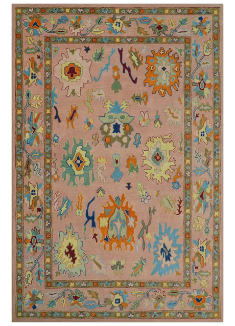 Hand Tufted Pink Peach and Gold Modern Colorful Oushak Rug
