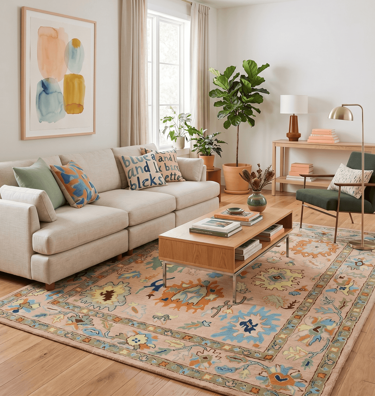 Hand Tufted Pink Peach and Gold Modern Colorful Oushak Rug