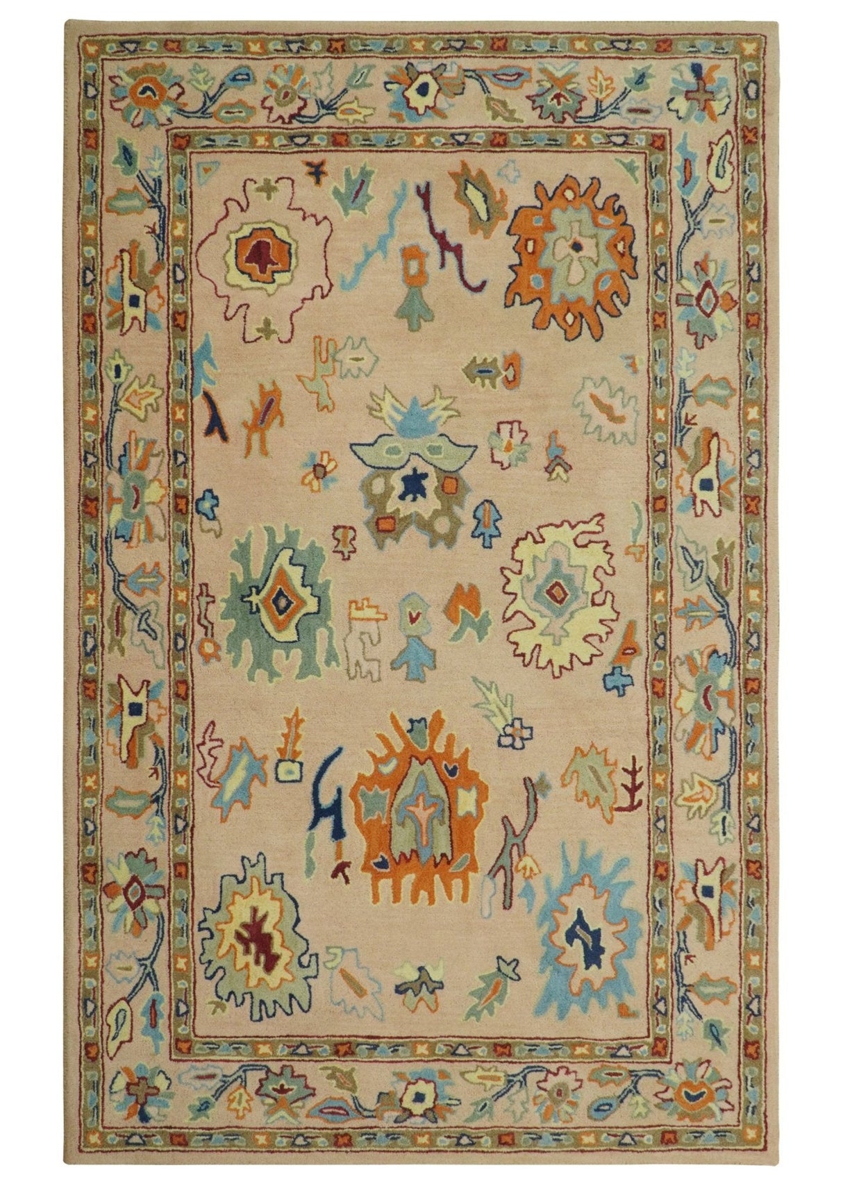 Hand Tufted Pink Peach and Gold Modern Colorful Oushak Rug
