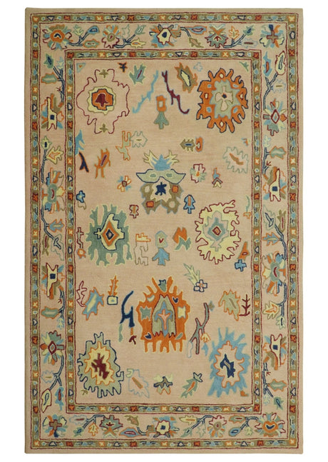 Hand Tufted Pink Peach and Gold Modern Colorful Oushak Rug