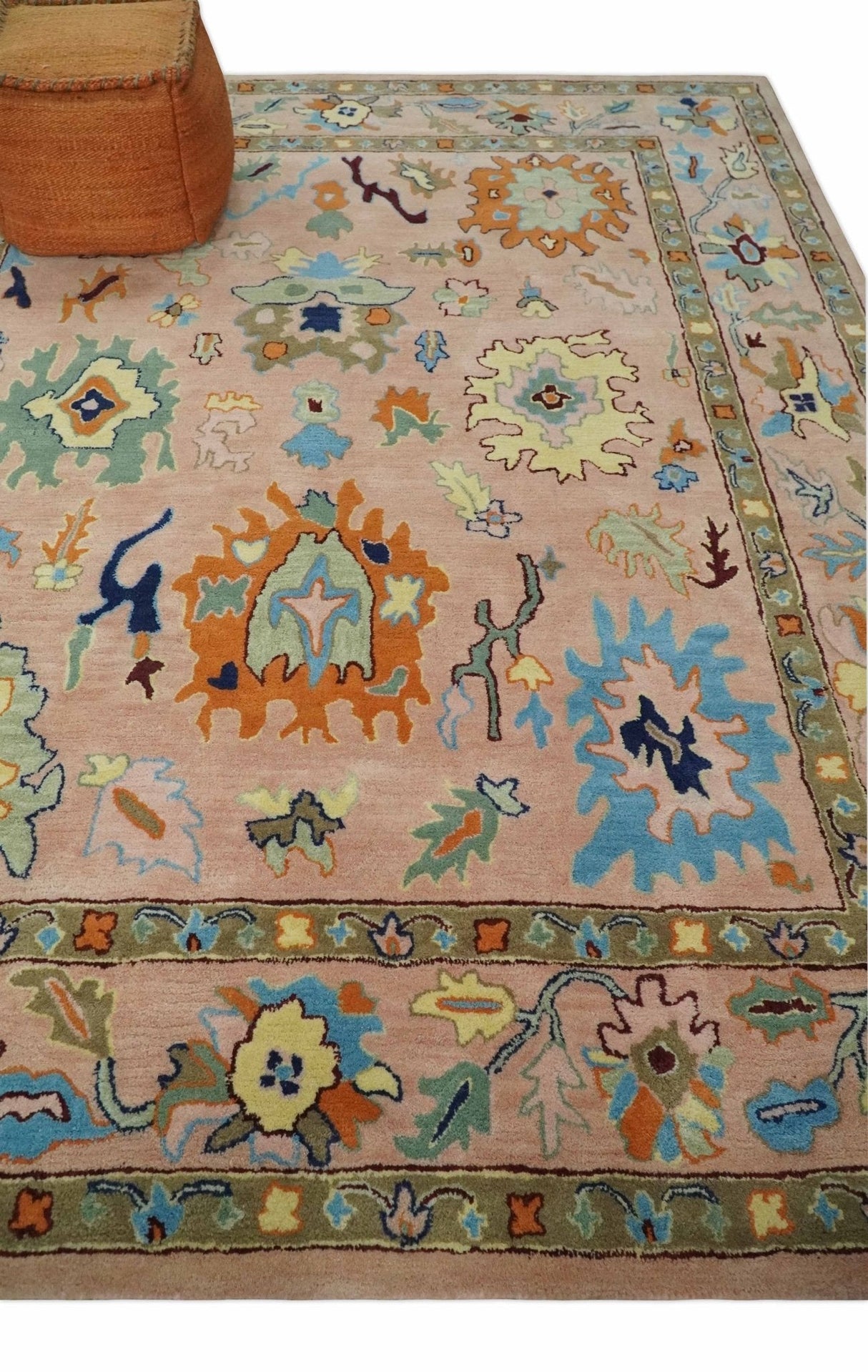 Hand Tufted Pink Peach and Gold Modern Colorful Oushak Rug