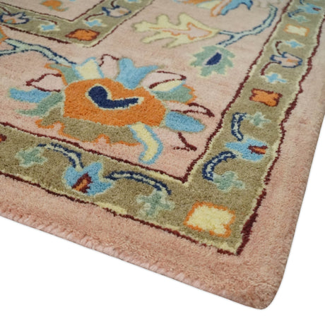 Hand Tufted Pink Peach and Gold Modern Colorful Oushak Rug