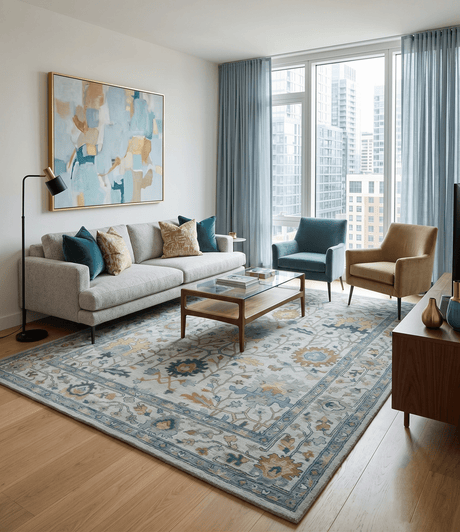 Hand Tufted Silver and Blue Donegal Oushak Rug, Multi Size Living Room and Bedroom Rug