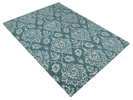Hand Tufted Traditional Teal and Ivory Wool Area Rug