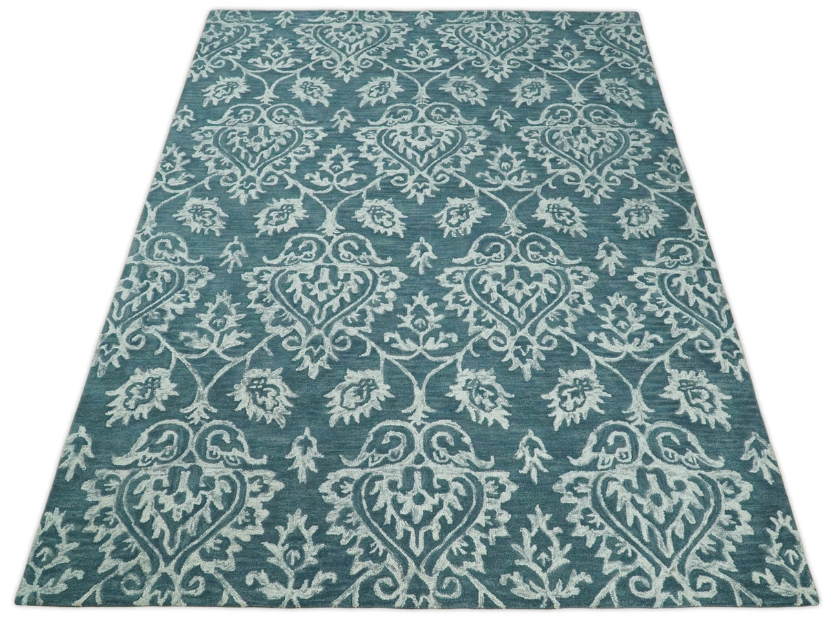 Hand Tufted Traditional Teal and Ivory Wool Area Rug