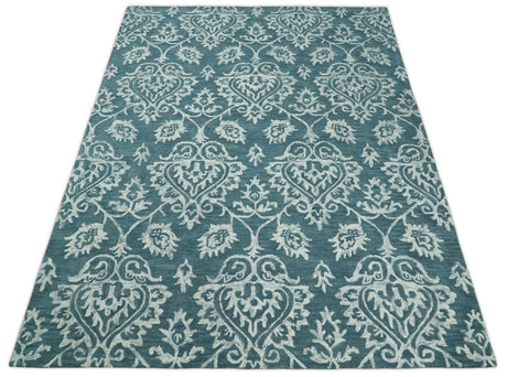 Hand Tufted Traditional Teal and Ivory Wool Area Rug