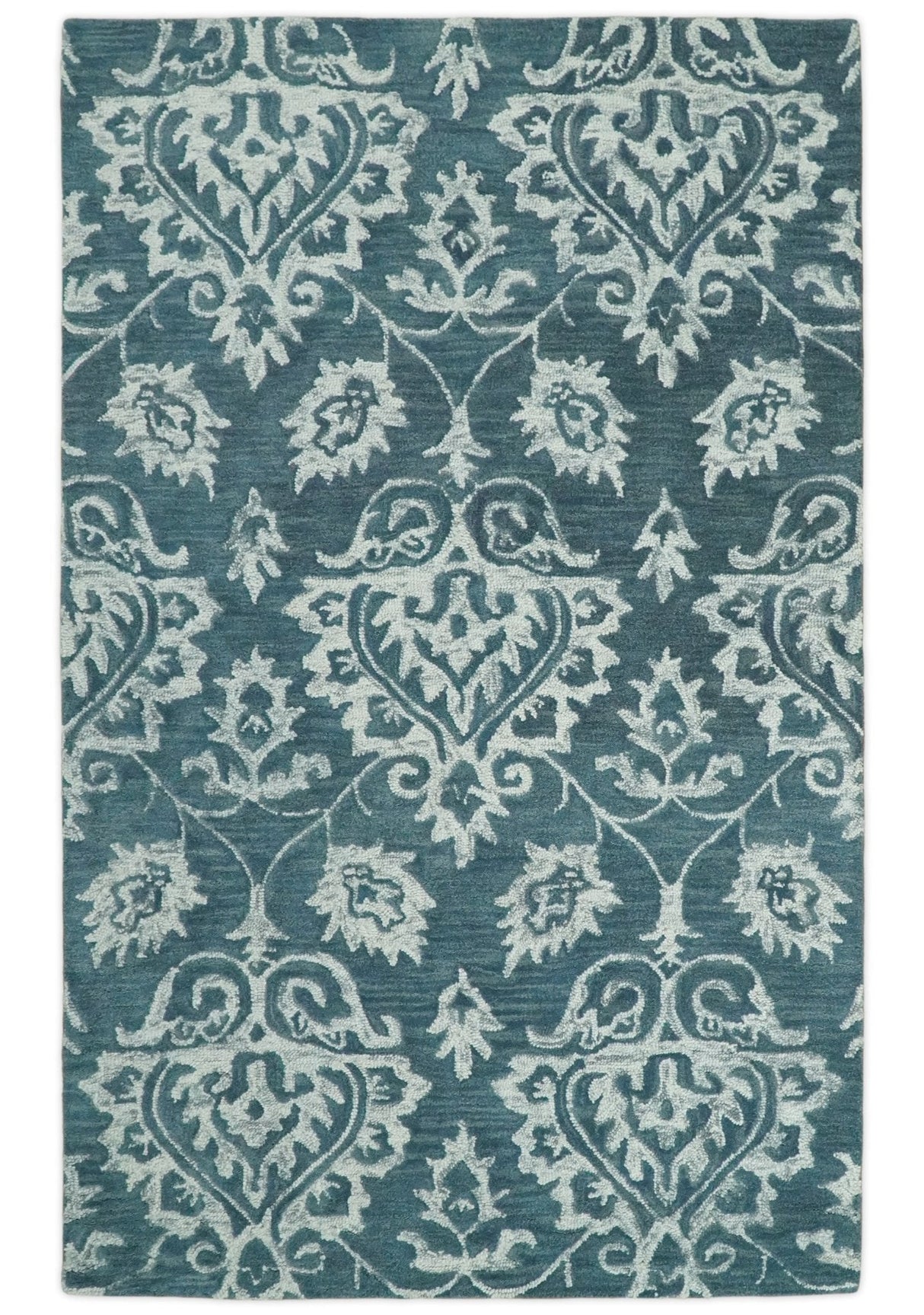 Hand Tufted Traditional Teal and Ivory Wool Area Rug