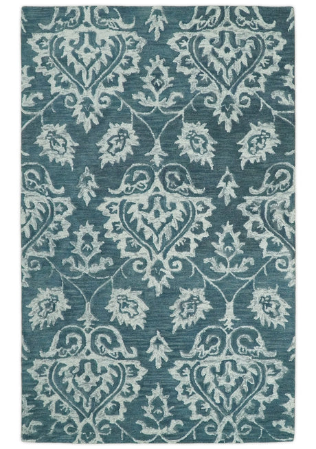 Hand Tufted Traditional Teal and Ivory Wool Area Rug