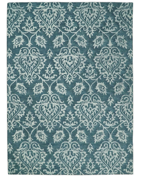 Hand Tufted Traditional Teal and Ivory Wool Area Rug