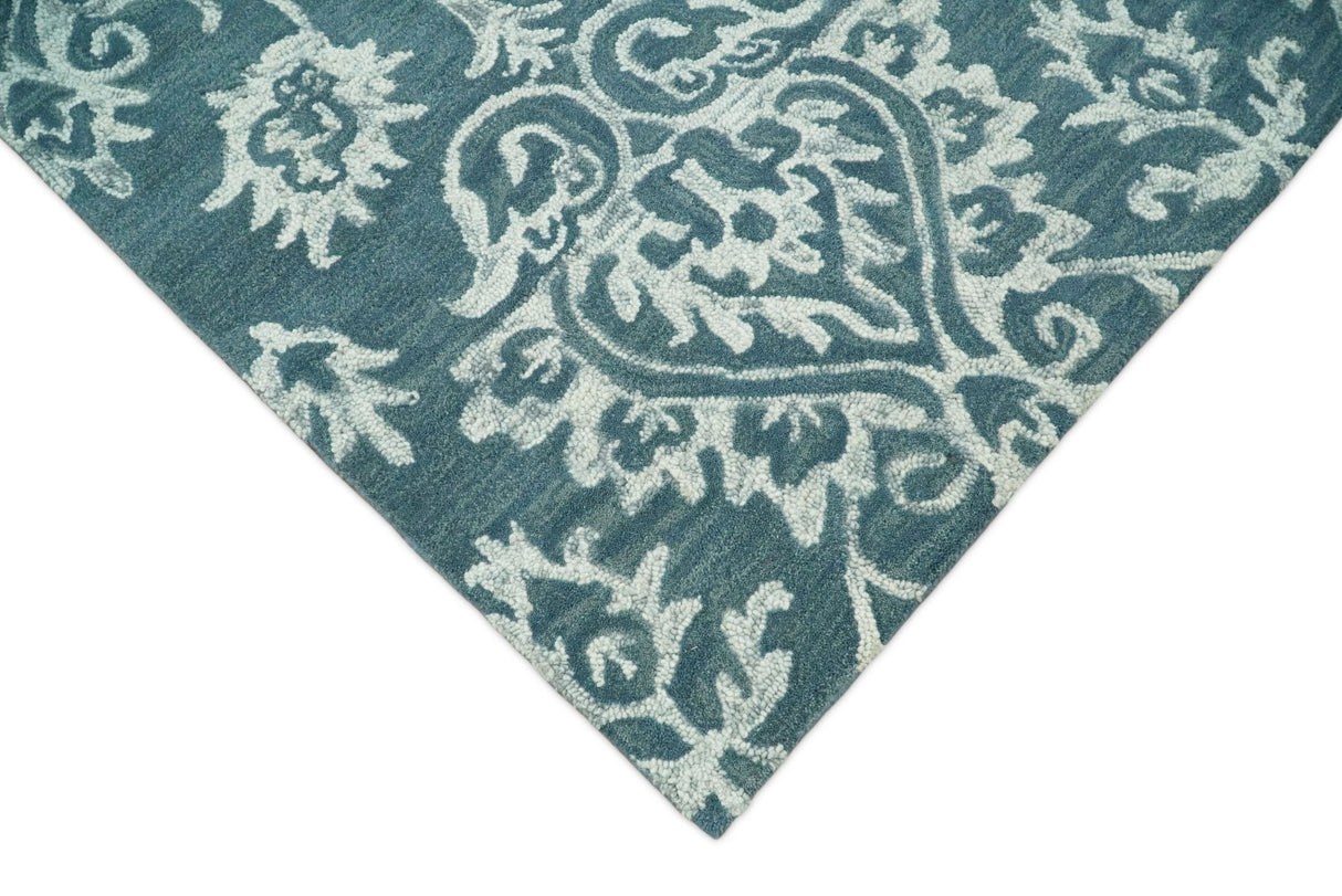 Hand Tufted Traditional Teal and Ivory Wool Area Rug