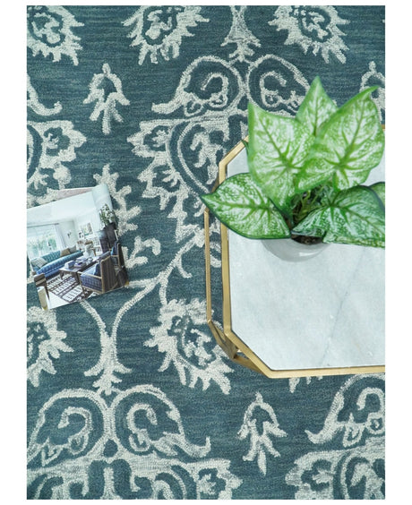 Hand Tufted Traditional Teal and Ivory Wool Area Rug