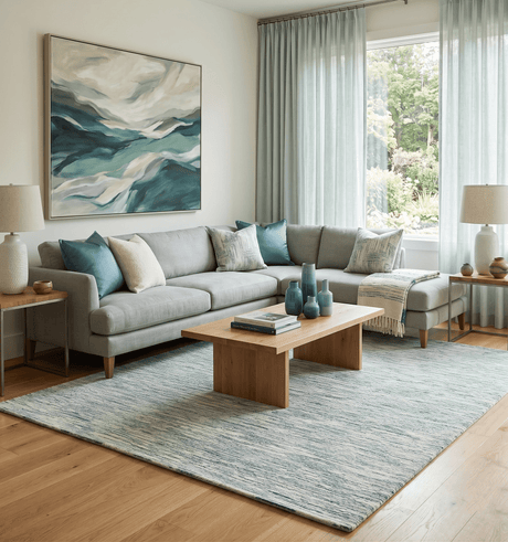 Hand Tufted Woolen Modern White and Blue Custom Made Area Rug