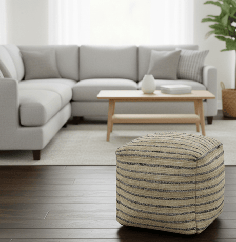 Hand Woven Beige and Charcoal Stripes Design Jute Pouf