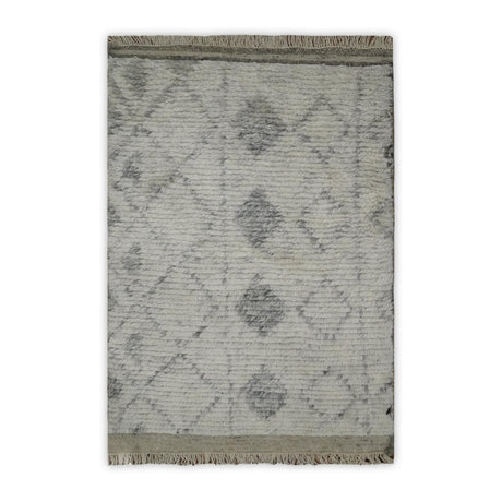 Hand Woven Beige and Gray 2x3 Trellis Moroccan Rug Made with Fine Wool | TRDCP79723-Area Rug-Parc Decor