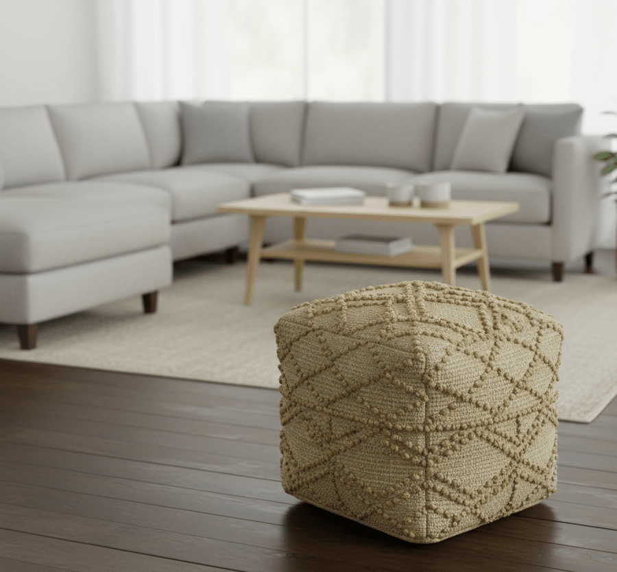Hand Woven Beige Geometrical Design Jute Pouf