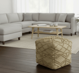Hand Woven Beige Geometrical Design Jute Pouf