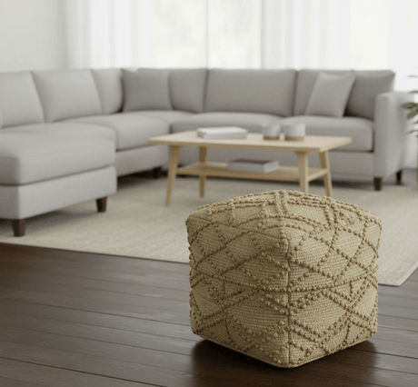 Hand Woven Beige Geometrical Design Jute Pouf