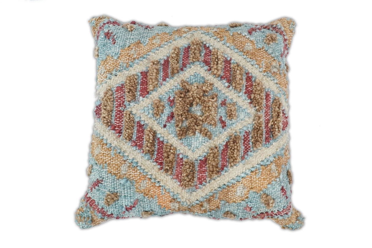 Hand Woven Boho Tribal Accent Mustard and Blue Jute and Wool Pillow, Cushion | PL13-All Products-Parc Decor