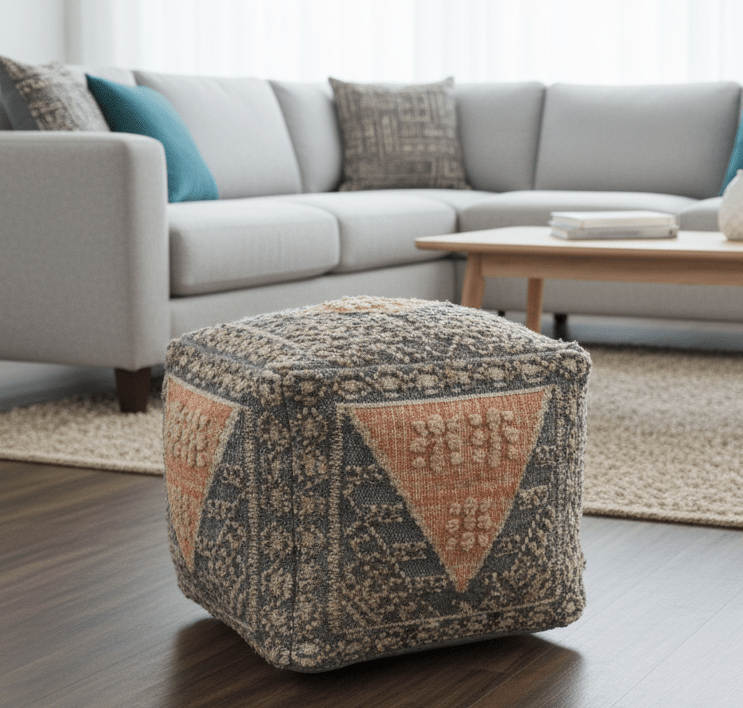 Hand Woven Boho Tribal Large Charcoal Jute and Wool Pouf