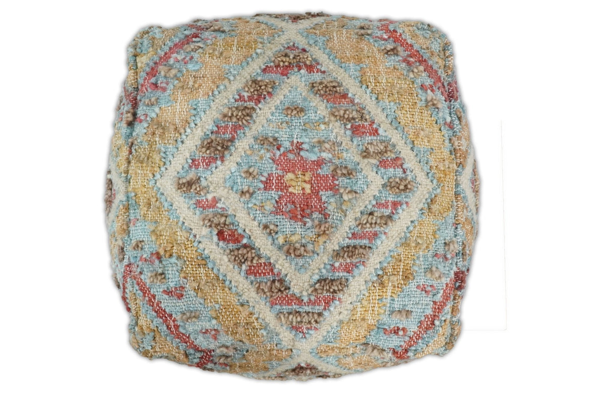 Hand Woven Boho Tribal Large Mustard and Blue Jute and Wool Pouf