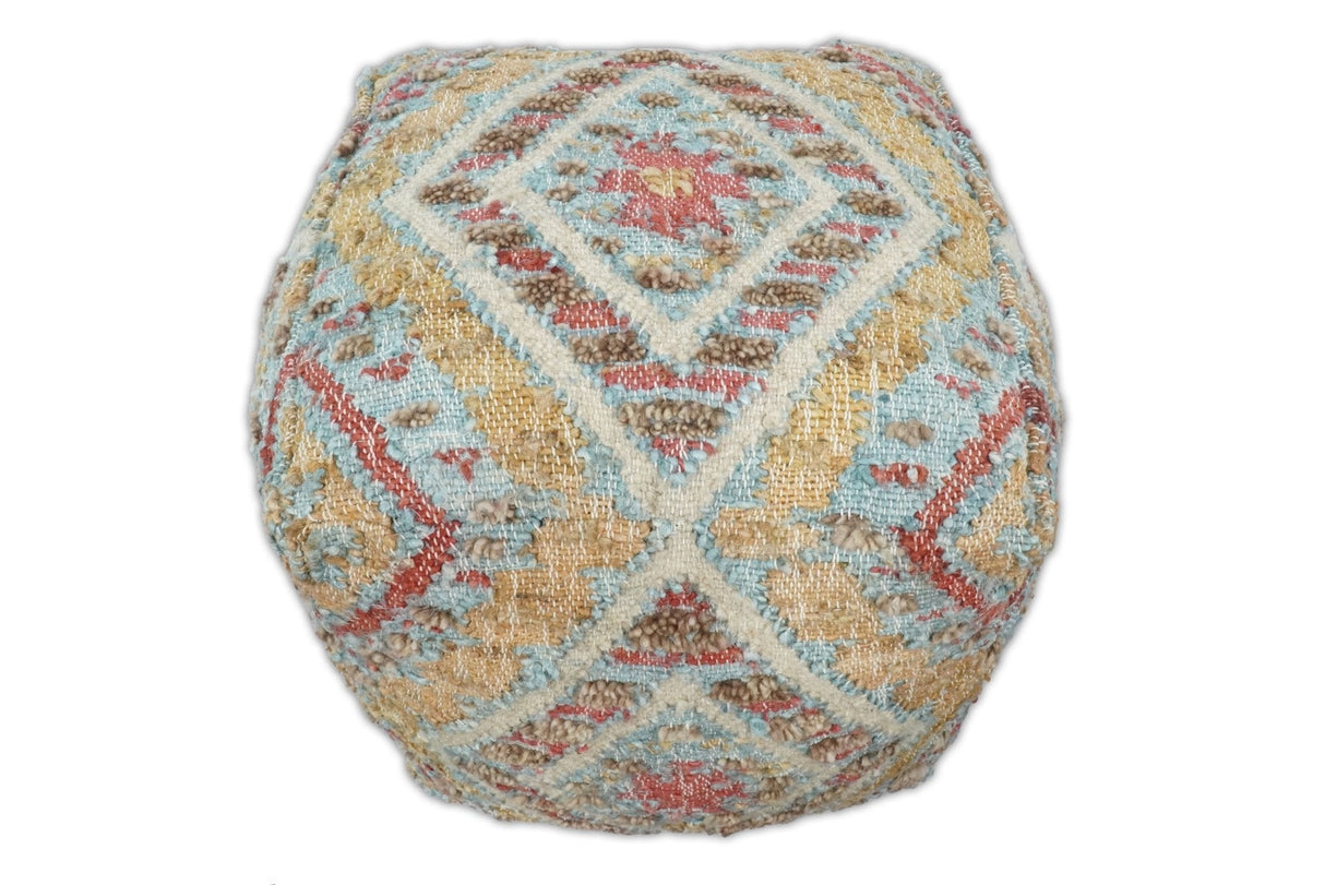 Hand Woven Boho Tribal Large Mustard and Blue Jute and Wool Pouf