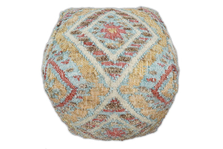 Hand Woven Boho Tribal Large Mustard and Blue Jute and Wool Pouf