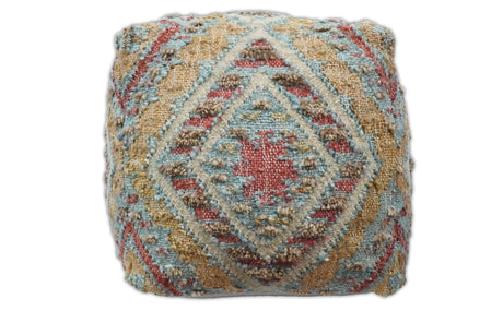 Hand Woven Boho Tribal Large Mustard and Blue Jute and Wool Pouf | TRD120P-Pouf-Parc Decor