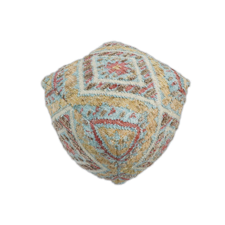 Hand Woven Boho Tribal Large Mustard and Blue Jute and Wool Pouf | TRD120P-Pouf-Parc Decor