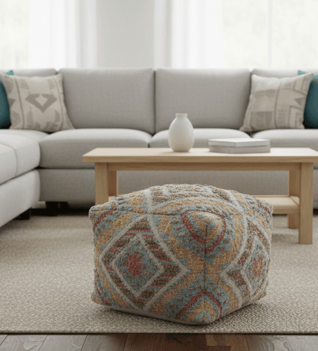 Hand Woven Boho Tribal Large Mustard and Blue Jute and Wool Pouf