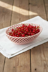 Hand-Woven Ceramic Basket -Small Oval Porcelain Dish in White, Beige & Pink
