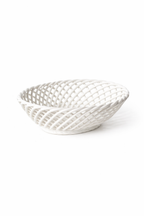 Hand-Woven Ceramic Basket -Small Oval Porcelain Dish in White, Beige & Pink