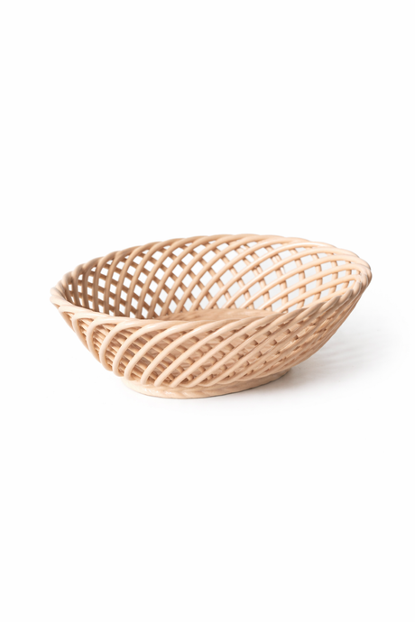 Hand-Woven Ceramic Basket -Small Oval Porcelain Dish in White, Beige & Pink
