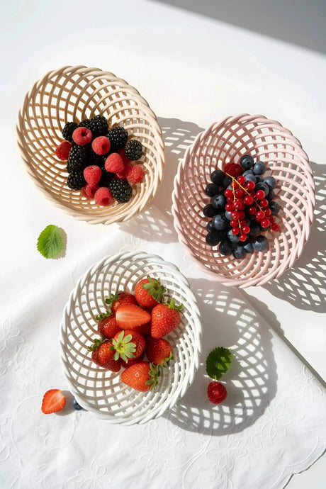 Hand-Woven Ceramic Basket -Small Oval Porcelain Dish in White, Beige & Pink
