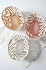 Hand-Woven Ceramic Basket -Small Oval Porcelain Dish in White, Beige & Pink