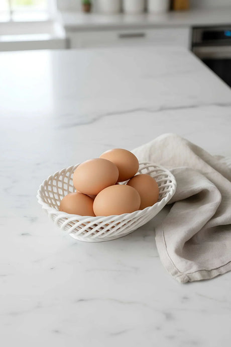 Hand-Woven Ceramic Basket -Small Oval Porcelain Dish in White, Beige & Pink