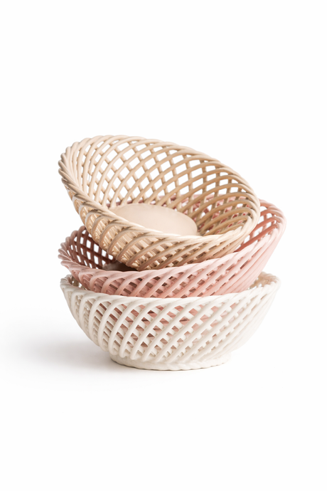 Hand-Woven Ceramic Basket -Small Oval Porcelain Dish in White, Beige & Pink