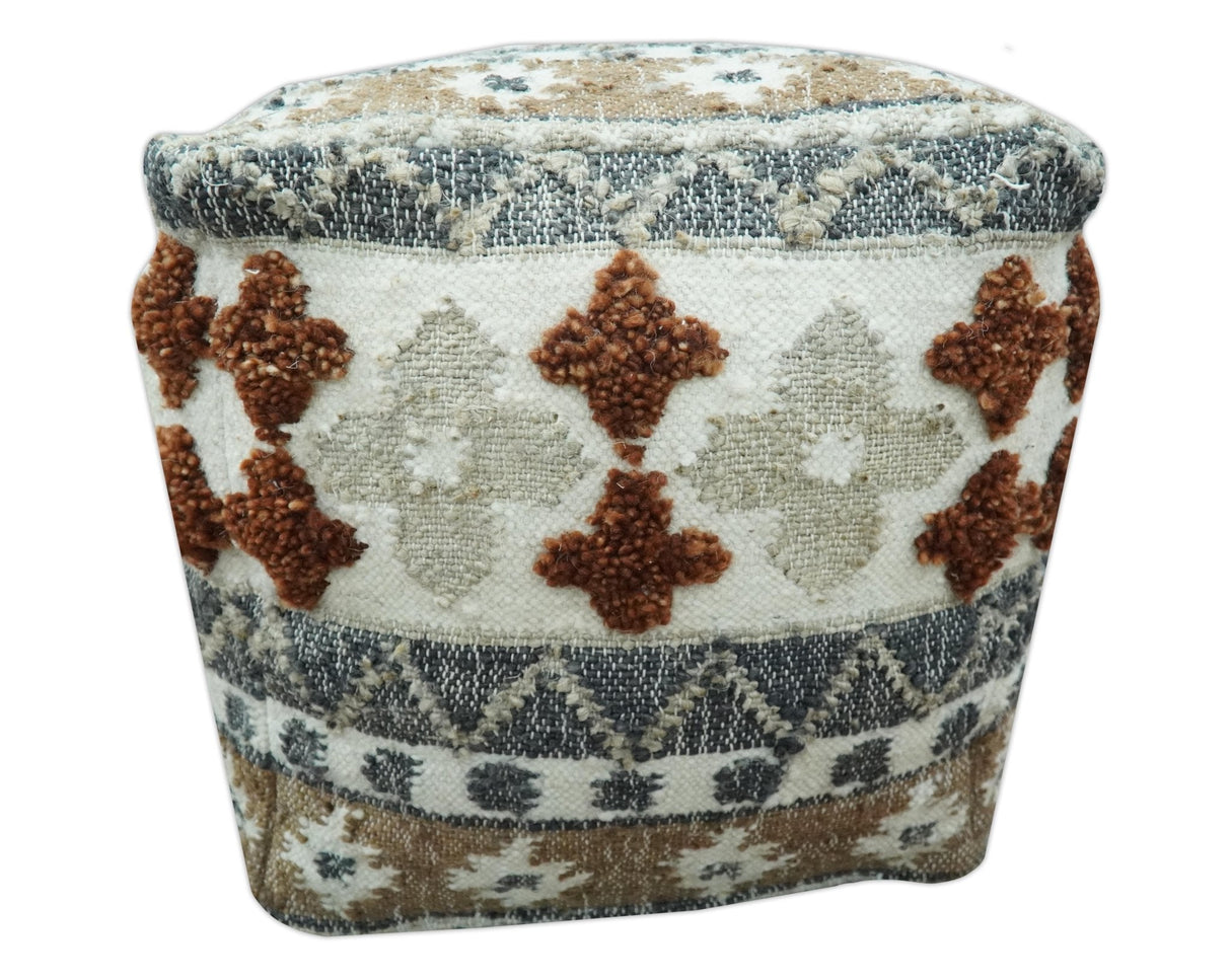 Hand woven Ivory, Gray and Brown Textured Jute and wool Pouf