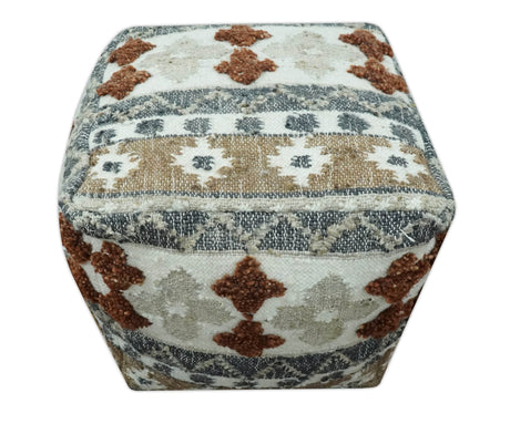 Hand woven Ivory, Gray and Brown Textured Jute and wool Pouf