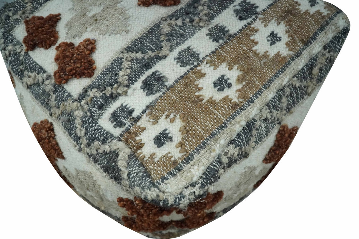 Hand woven Ivory, Gray and Brown Textured Jute and wool Pouf
