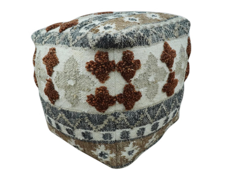 Hand woven Ivory, Gray and Brown Textured Jute and wool Pouf